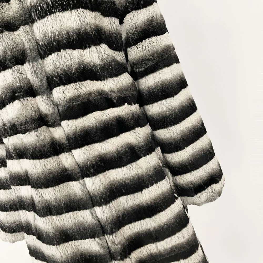 MENINA 2025秋冬ファッション フード付き天然ウサギ毛皮コート レディース トトロ柄ストライプ毛皮コート 厚手暖かいロングコート