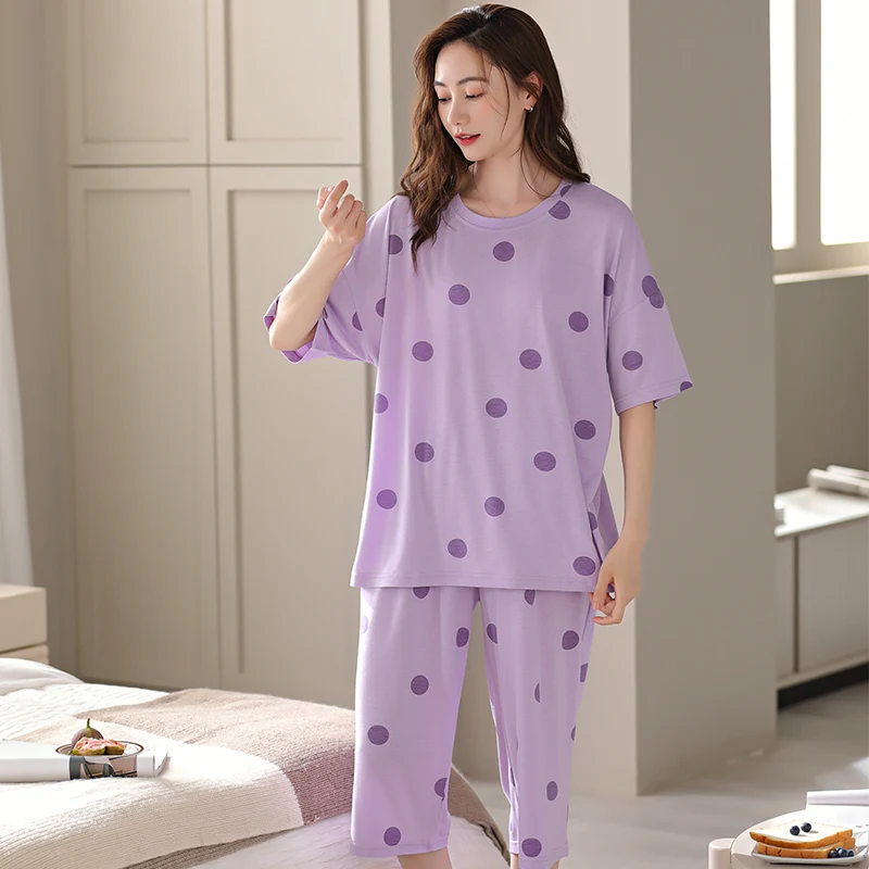 Damen Pyjama Set Modal Trainings anzug für Damen Mode Polka Dot Kurzarm Pyjama Mujer lässig O-Neck Nachtwäsche Pyjama Femme