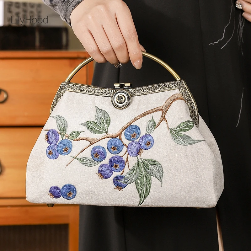 Women Vintage Embroidery Medium Size Handbag Retro Chic Cottagecore Victorian Chinese Style Mobile Phone Evening Shoulder Bag