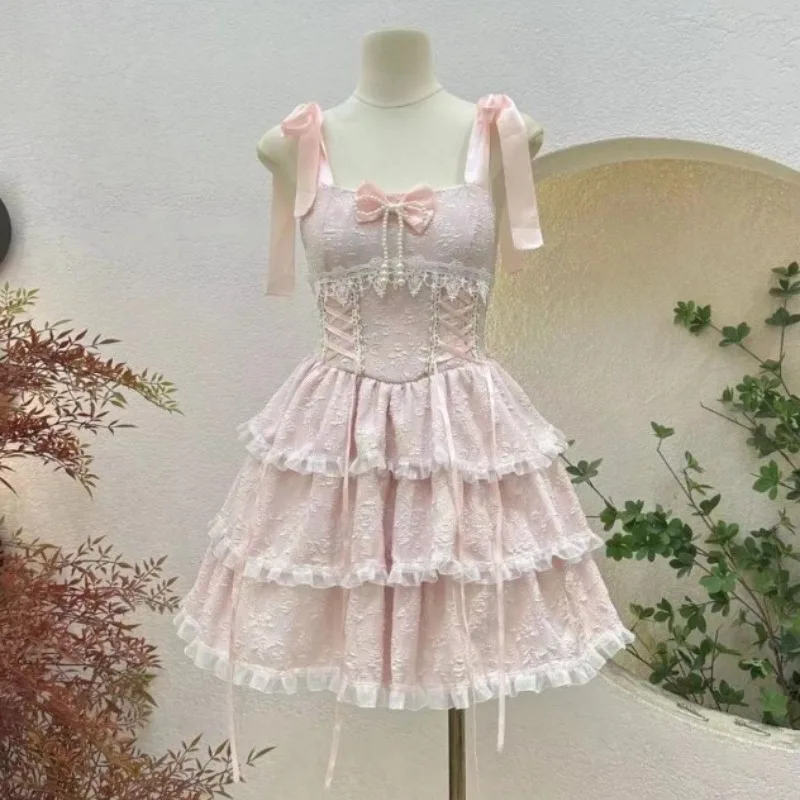 Verão doce lolita vestido de princesa feminino elegante renda retalhos arco em camadas bolo vestido y2k harajuku design de moda cinta vestido