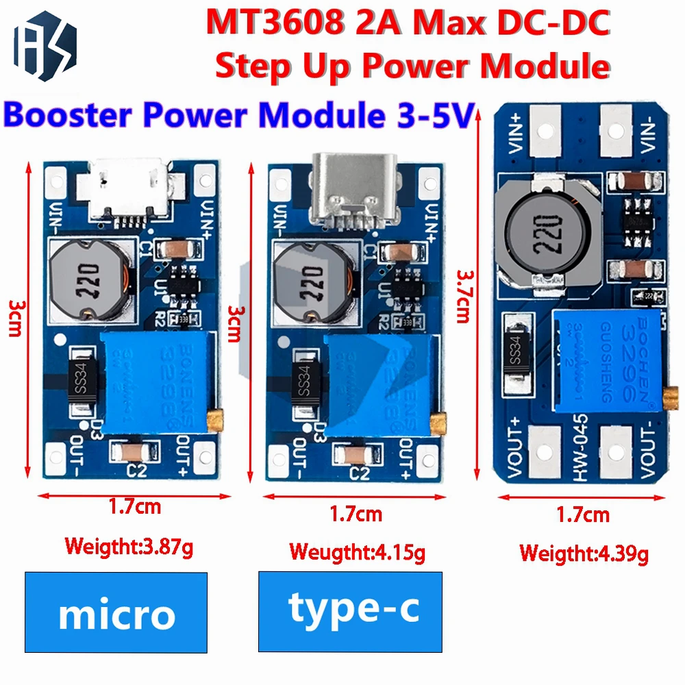 MT3608 type-c/micro 2A Max DC-DC Step Up Power Module Booster Power Module 3-5V to 5V/9V/12V/24V