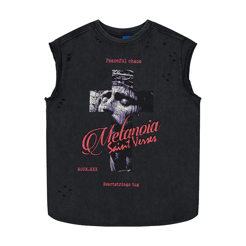 Vintage Cross Tank Tops Y2k Men Summer Oversize Sleeveless Black Gray Tshirt Hole Cut Washed Ripped