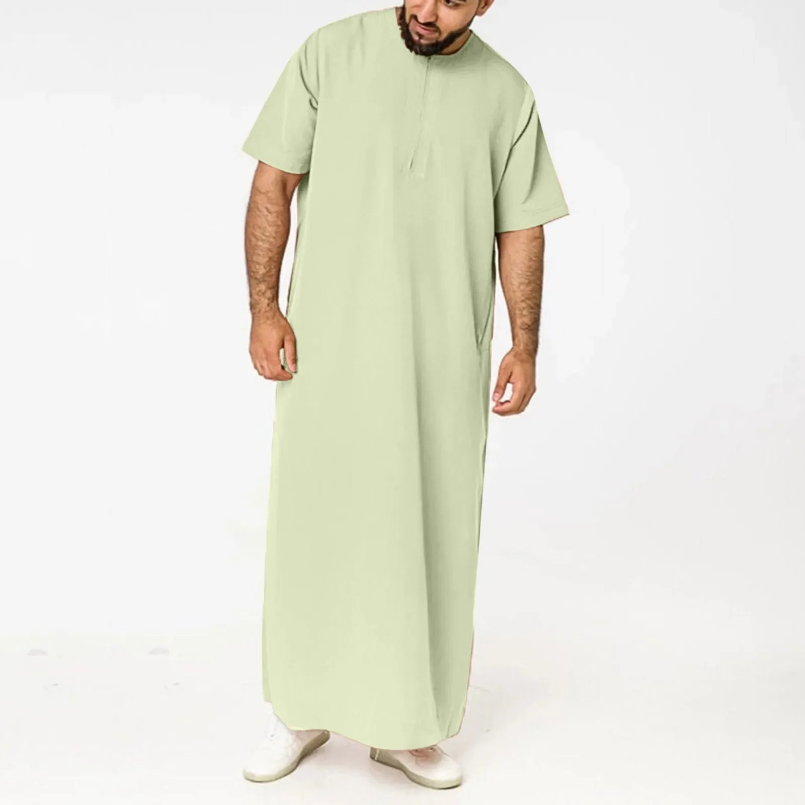 Mens Arab Muslim Long Robe Shirt Casual Loose Long Sleeves Male Pocket Kaftan Robe Cotton Linen Button Plain Robes Plus Size