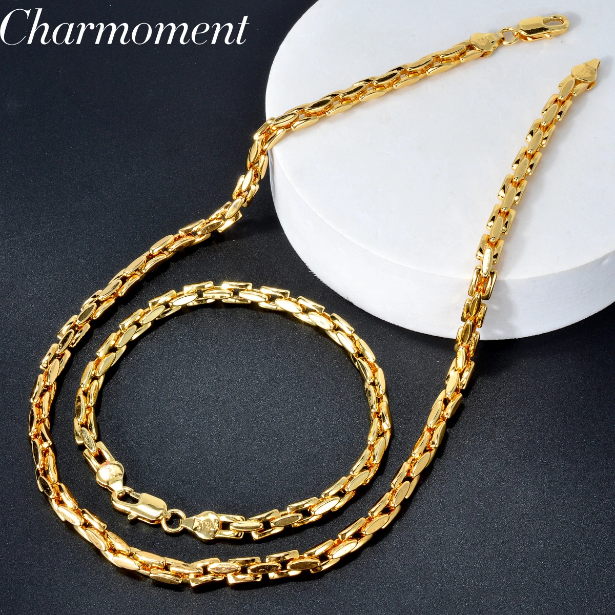 Hiphop Punk Curb Cuban Link Chain Sets for Women Man Statement Gold Color Copper Necklace Bracelet Luxurious Wedding Jewelry