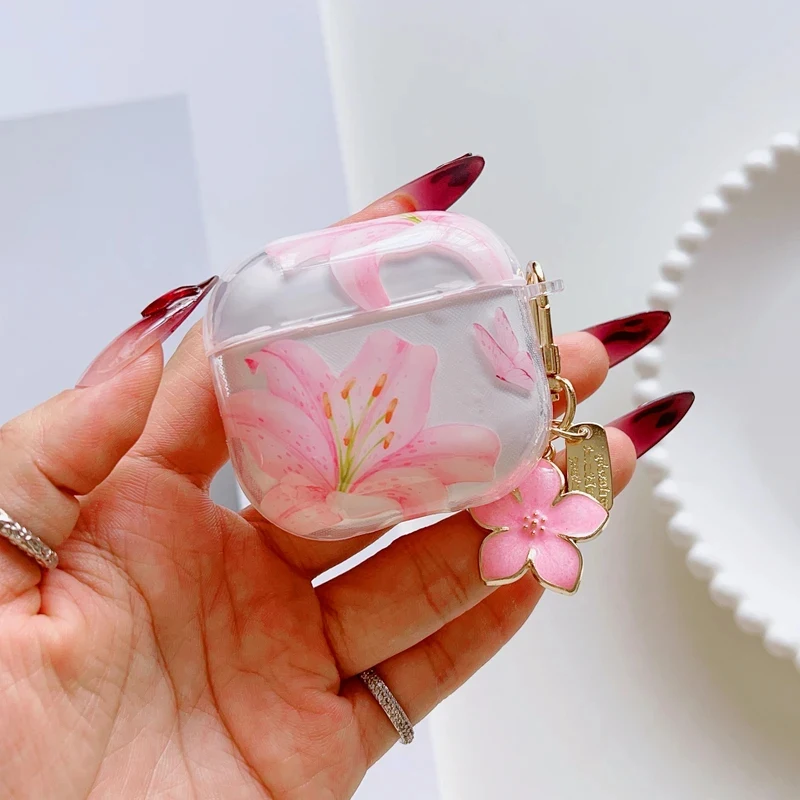 Cute Pink Lily Flowers Earphone Cases For AirPods Pro3 Protective Shell Soft Case For AirPods 1/2/3/4 Pro 2 Cover With Keychain - view 5