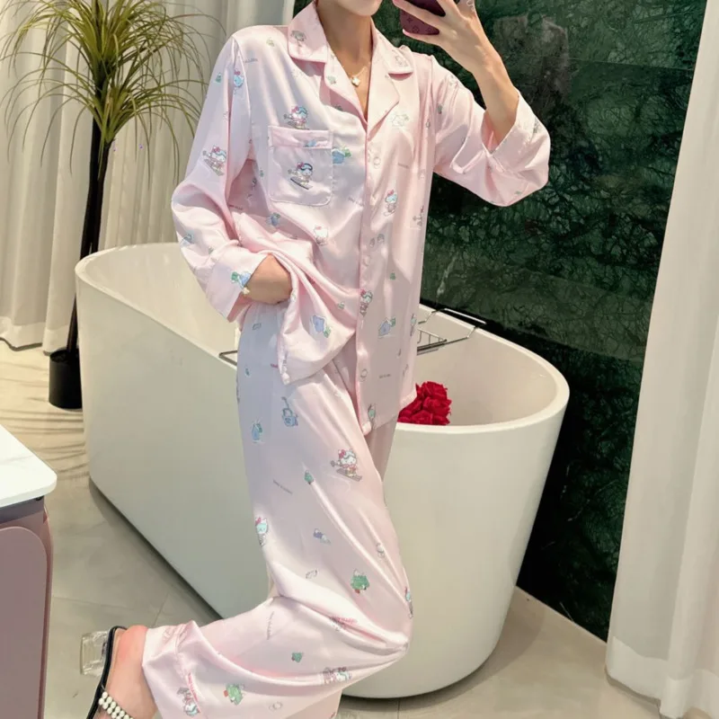 Summer New Simulated Silk Hello Kitty Cartoon Pajamas Women\'s 2 Pcs Set Sweet Thin Long Sleeve Fashionable Loose Home Clothes