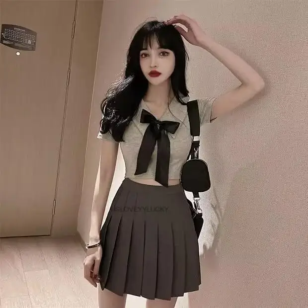 

Japanese Korean Jk Uniform Academy Style Women Uniform Set Knitted Short Sleeve tops+tie+high Waist Pleated Skirt Jk Set