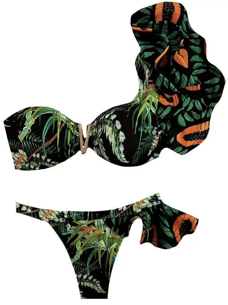 Maiô sexy com impressão tropical para mulheres, biquíni brasileiro com plissado, roupas de praia, 2020