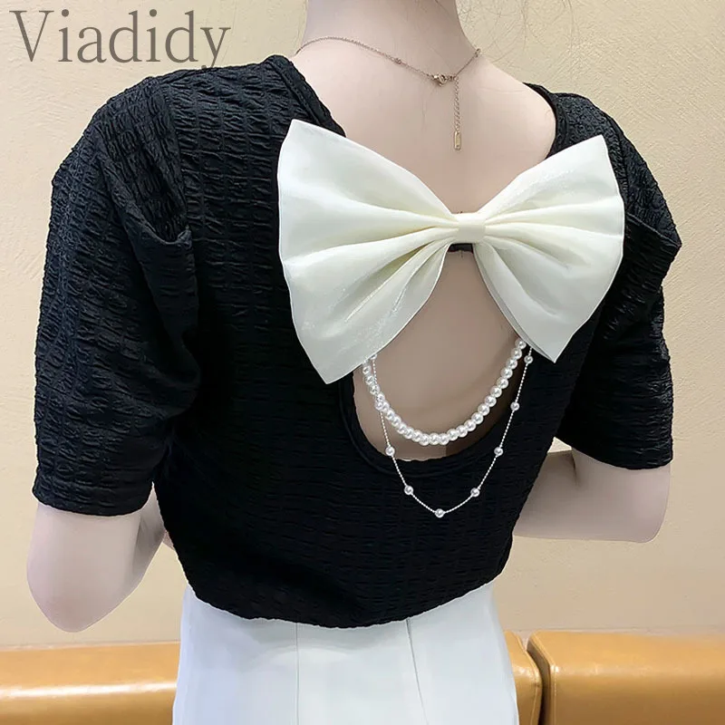 

Women Casual Solid Color Bowknot Beads Decor Puff Sleeve Round Neck Top