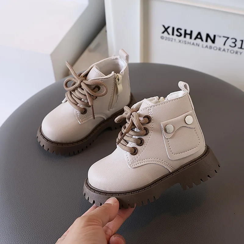 Children Boots Autumn Winter Kids Warm Fur Ankle Boots Lace-up Side Zip Boys Girls PU Leather Short Boots Pink, Black, Beige