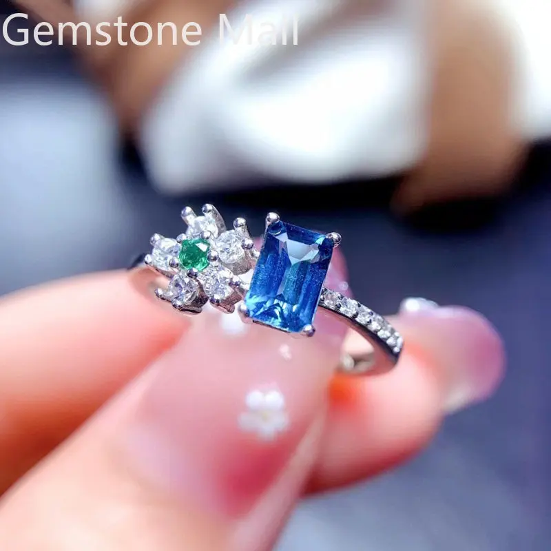 Fashion 925 Silver Gemstone Ring 4mm*6mm Emerald Cut Natural Topaz Jewelry London Blue Topaz Ring Witt Gold Plating