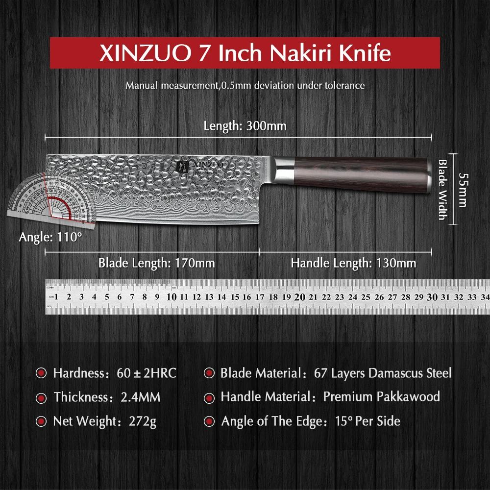 XINZUO 6.8 Inch Nakiri Damascus Steel Kitchen Knives Damascus Stainless Steel Slicing Mear Beef Knife with Pakkawood Handle