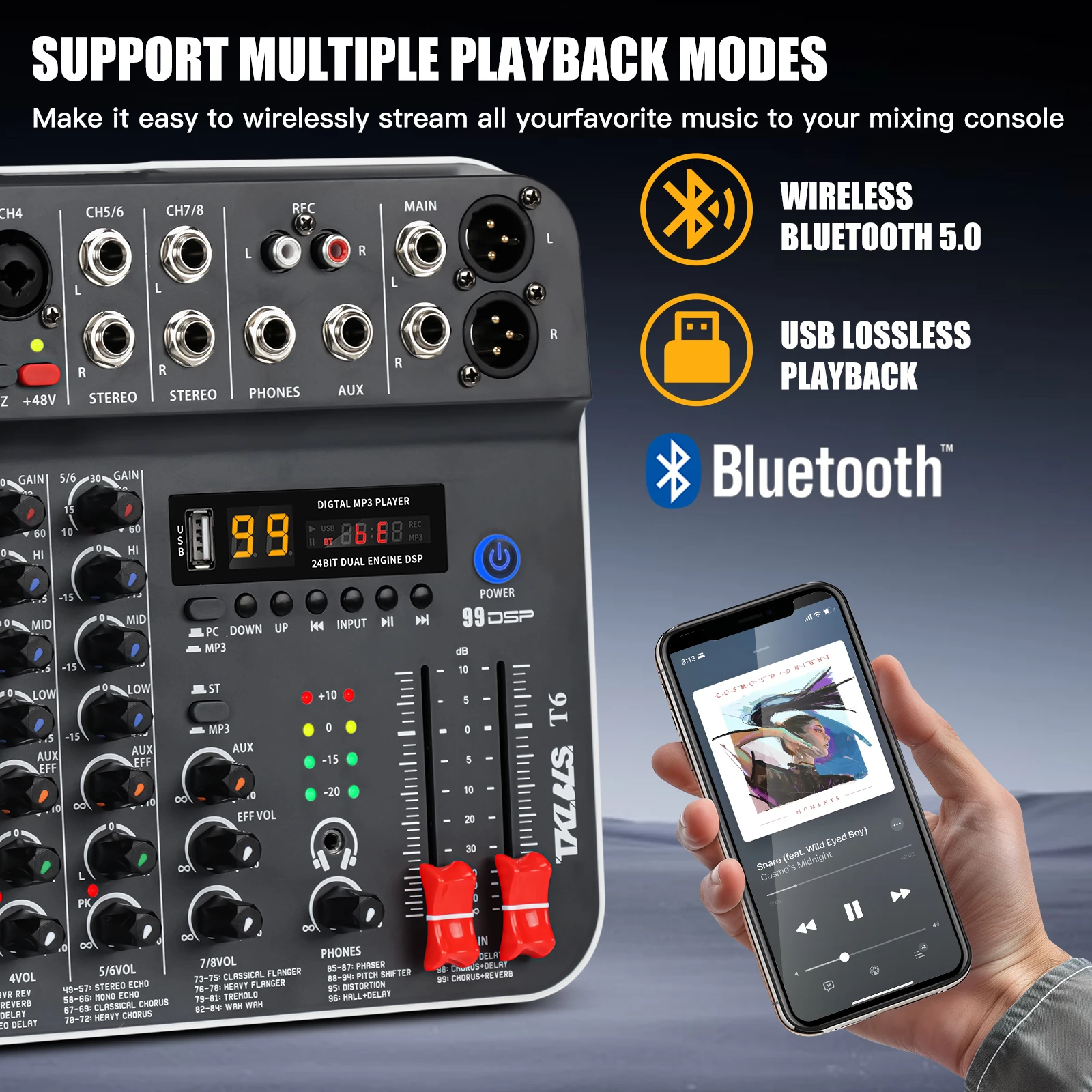 TKLBLS T6 6채널 오디오 믹서 블루투스 USB XLR RCA 인터페이스 48V 팬텀 파워 99 DSP 효과 스테이지 KTV 라이브 쇼