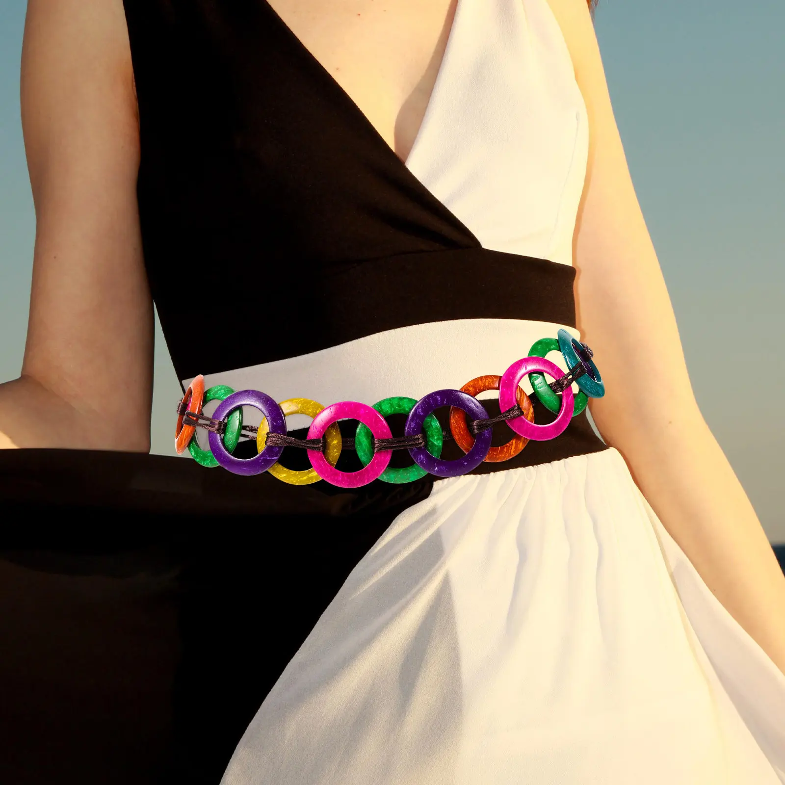 Rope Belt Women Colorful Waist Tie Dress Belt Adjustable Wrap Around Woven Lightweight Coconut Shell Material Fashion Accessory