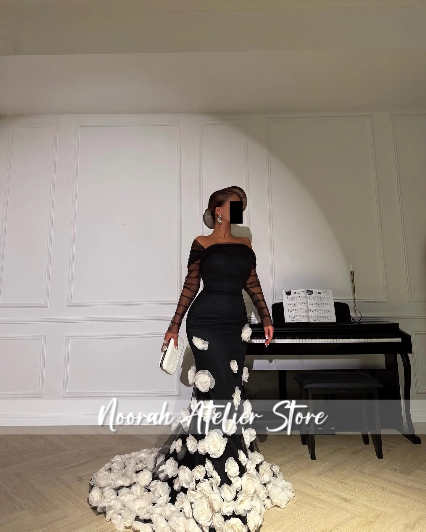 Elegant Black Mermaid สีขาว 3D ดอกไม้หรูหราแขนชุดราตรีสตรี 2025 ชุดแต่งงานซาอุดีอาระเบียยาวที่กําหนดเอง