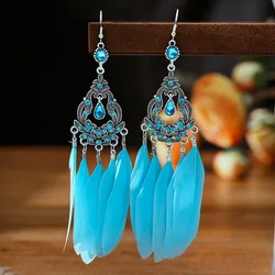 Vintage Bohemian Long Feather Earrings For Women Retro Ethnic Flower Geometric Rhinestone Handmade Drop Dangle Earrings Jewelry