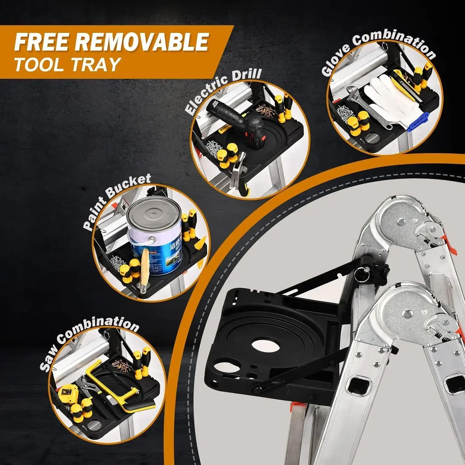 Soctone Ladder, A Frame 5 Step Aluminum Ladder Extension Ladder, 19 Ft Muti Position Ladder & Removable Tool Tray with Stabilize