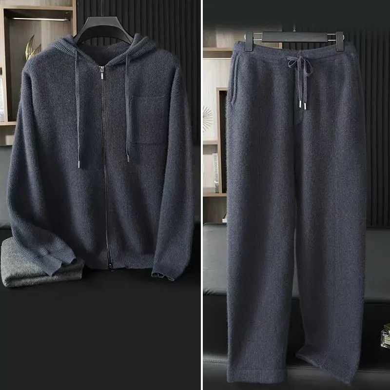 A-Class 100% Pure Cashmere Two-Piece Men's Hooded Zipper Knitted Cardigan Casual High Waisted Pants Autumn Winter Thick Warm