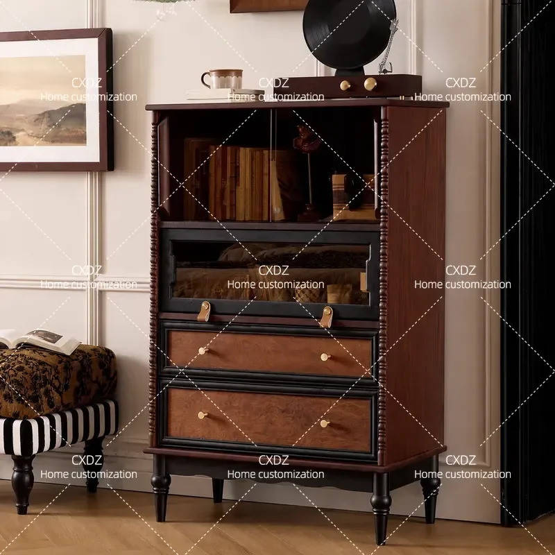 Retro Solid Wood Chest Living Room TV Cabinet Sofa Side Table Contrasting Color Display Storage Unit Bedroom Locker with