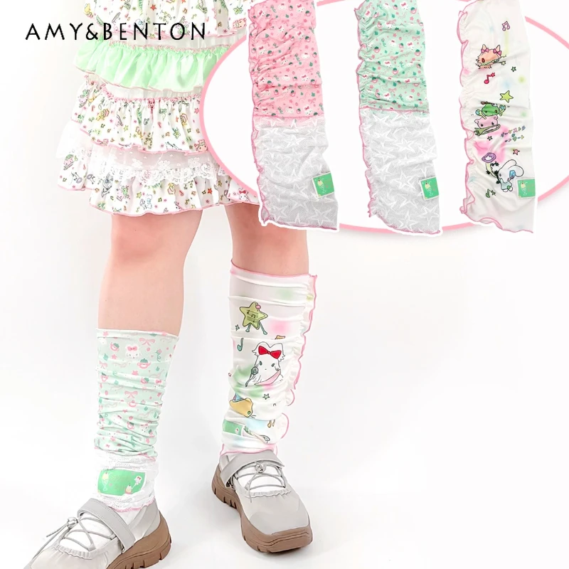Japanese Style Cute Girl Print Ice Silk Cotton Lace Hosiery Spring Autumn New Sweet Versatile Slouch Socks Leg Warmers Ladies