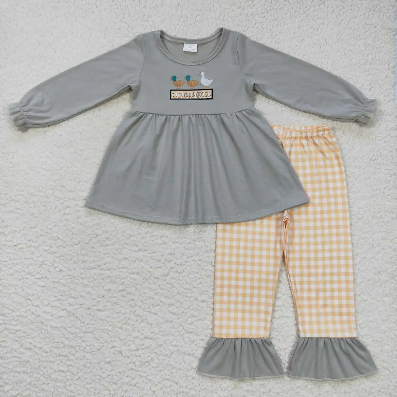 Wholesale hot sale Embroidered duck goose animal gray long sleeve yellow plaid pantsuit Toddler Pajama set matching Boys Girls