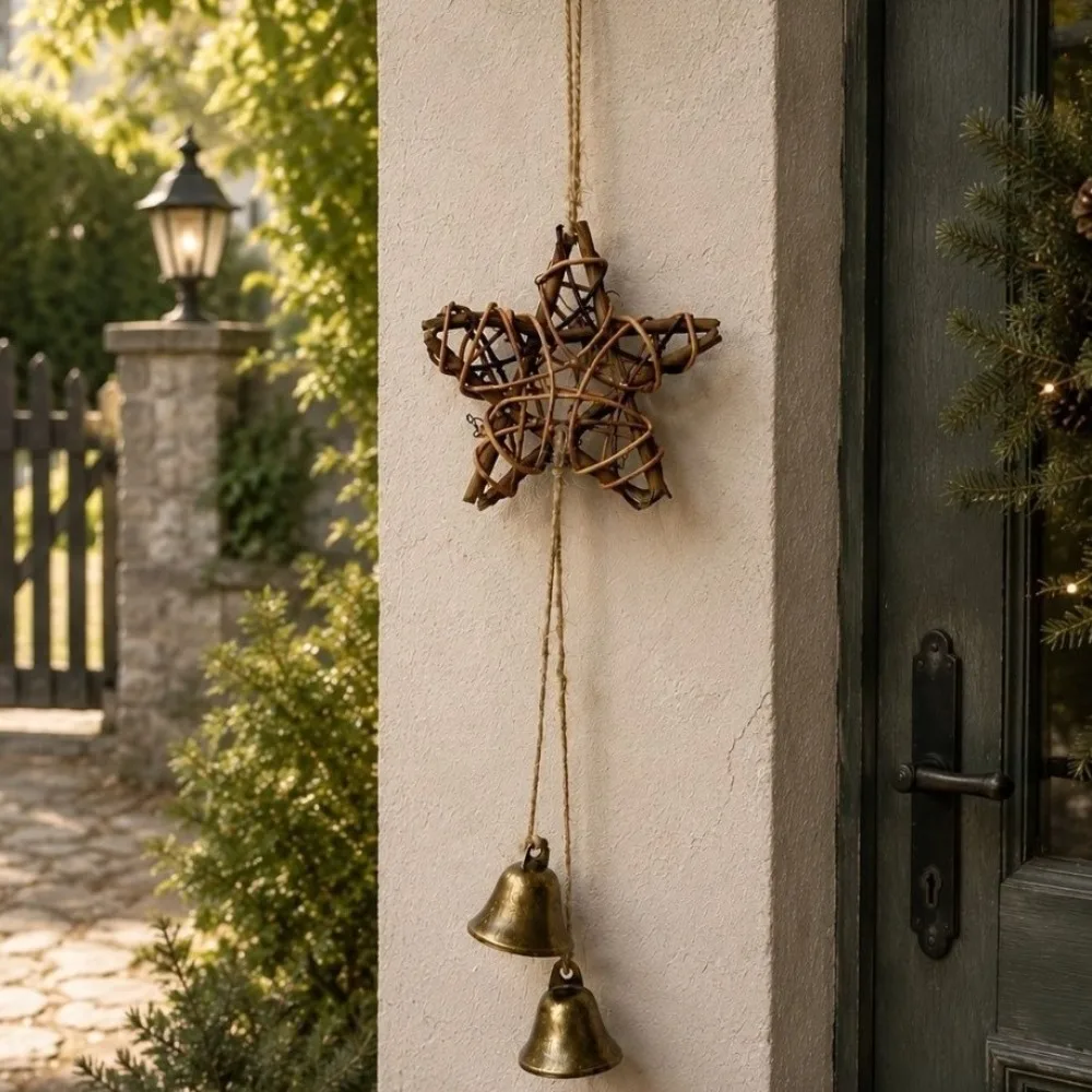 Pastoral Style Rattan Woven Wind Chime Five-pointed Star Hand Woven Vintage Bell Pendant Textured Frame Tinkling Sound