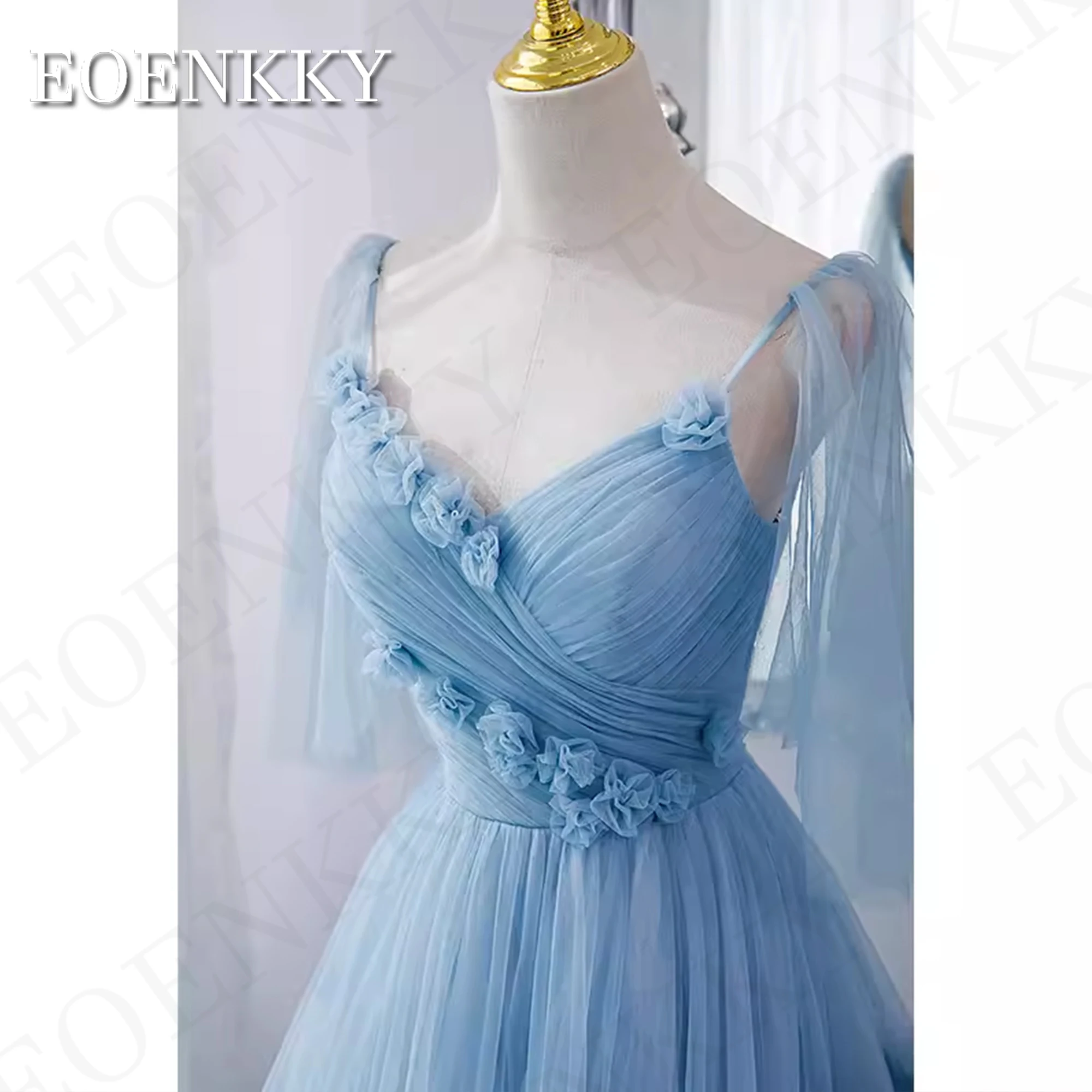 Romantic Tiered Tulle Blue Prom Dresses 2024 Spaghetti Straps A Line 3D Flowers Celebrity Party Dress V Neck فساتين حفلة موسيقية