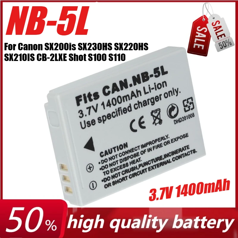 

3.7V 1400mAh NB-5L Camera Battery for Canon SX200is SX230HS SX220HS SX210IS CB-2LXE Shot S100 S110 SD950