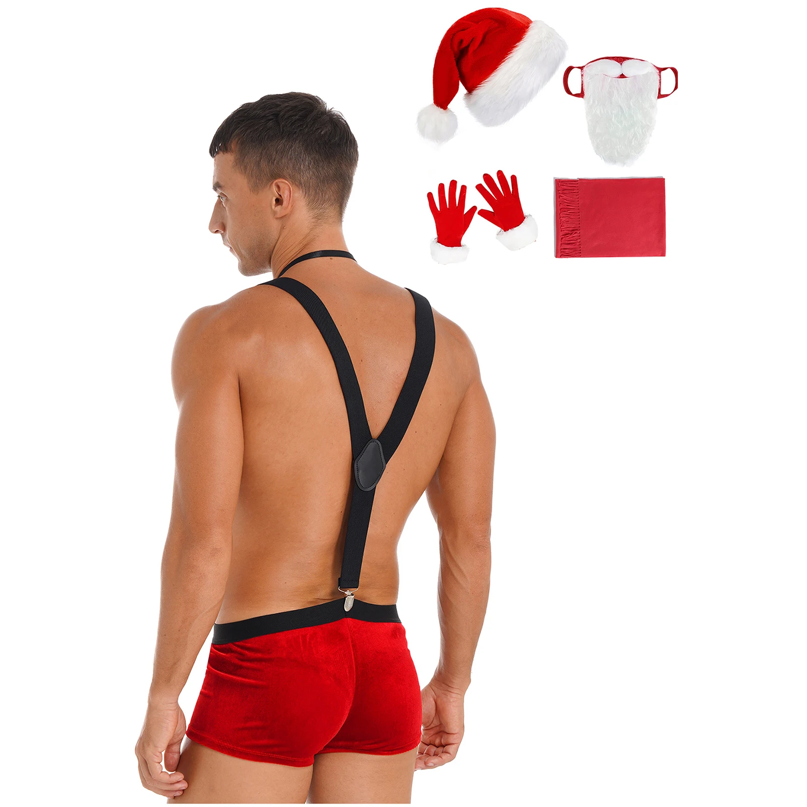 Men Christmas Cosplay Costume Low Rise Bulge Pouch Boxer Shorts with Suspenders Bow Tie Hat Beard Gloves Carnival Party Clubwear