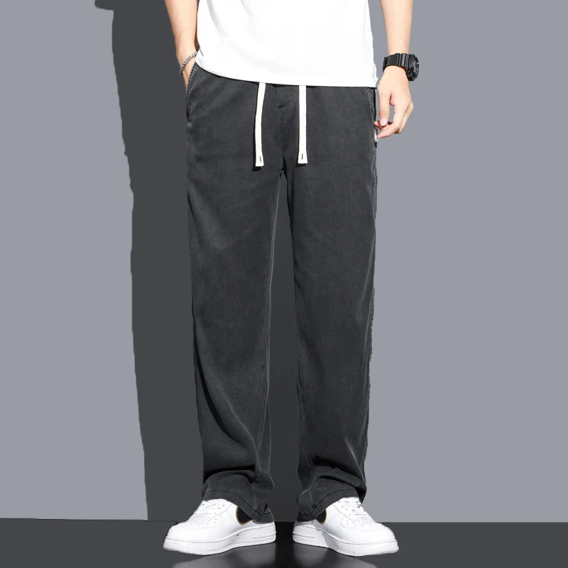 

Summer Thin Loose Wide-leg Men Jeans Soft Lyocell Elastic Fashion Casual Straight Drawstring Denim Trousers Black Blue Gray