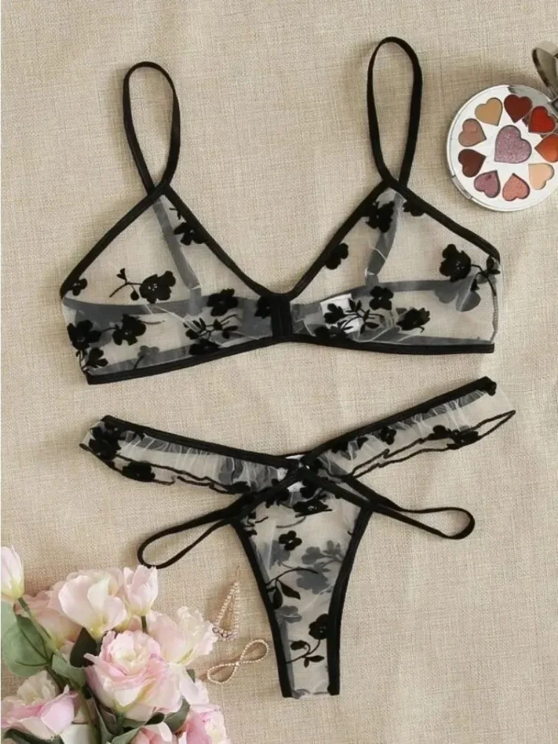 

2025 Summer Women Lace Bra Set See-Through Sexy Lingerie Thin Strap Underwear Suit Floral Print Stylish Bralettes Корсет Женский