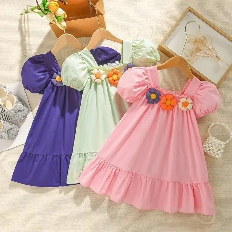 Summer Children Clothes Flower Simple Solid Color Puff Sleeve Baby Girl Dresses Thin Toddler Party Birthday Princess 0 To 10 Y