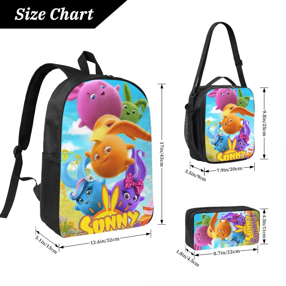 Sunny Bunnies Anime Cartoon Rucksack Jungen Mädchen Büchertasche Schultasche Laptop Umhängetaschen 3 PS Isolierte Lunchtasche Federmäppchen