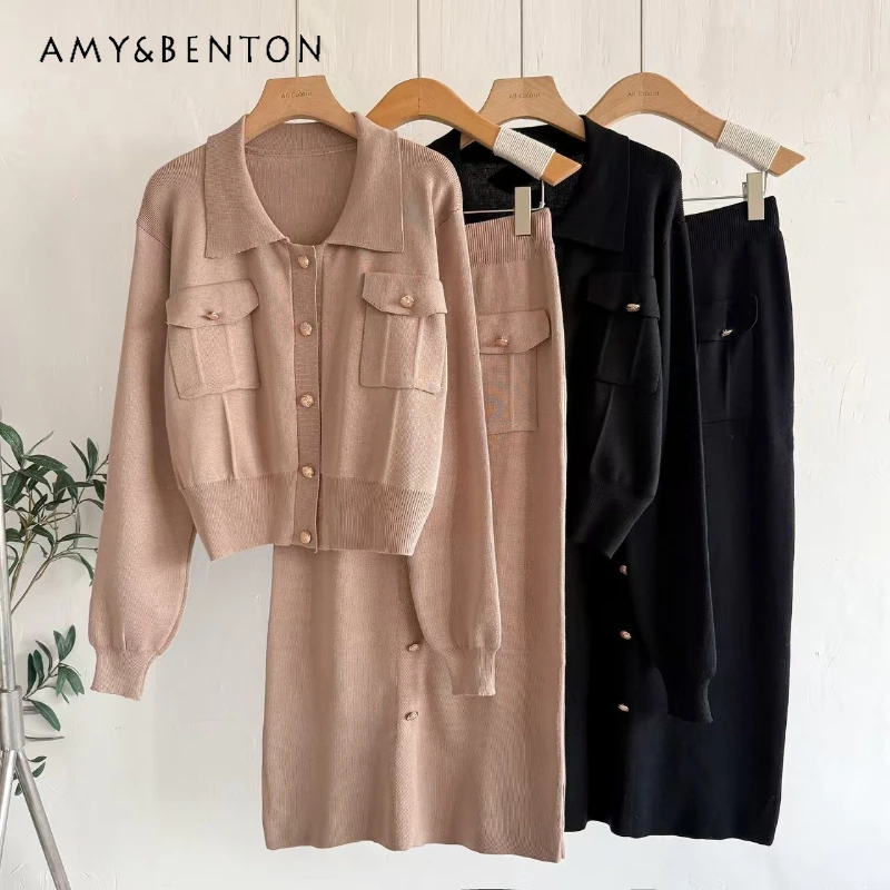 

French Design Lapel Women's Suit 2026 Spring Sweater Cardigan Top Knitted Slimming Long Skirts Temperament Two-Piece Sets Ladies
