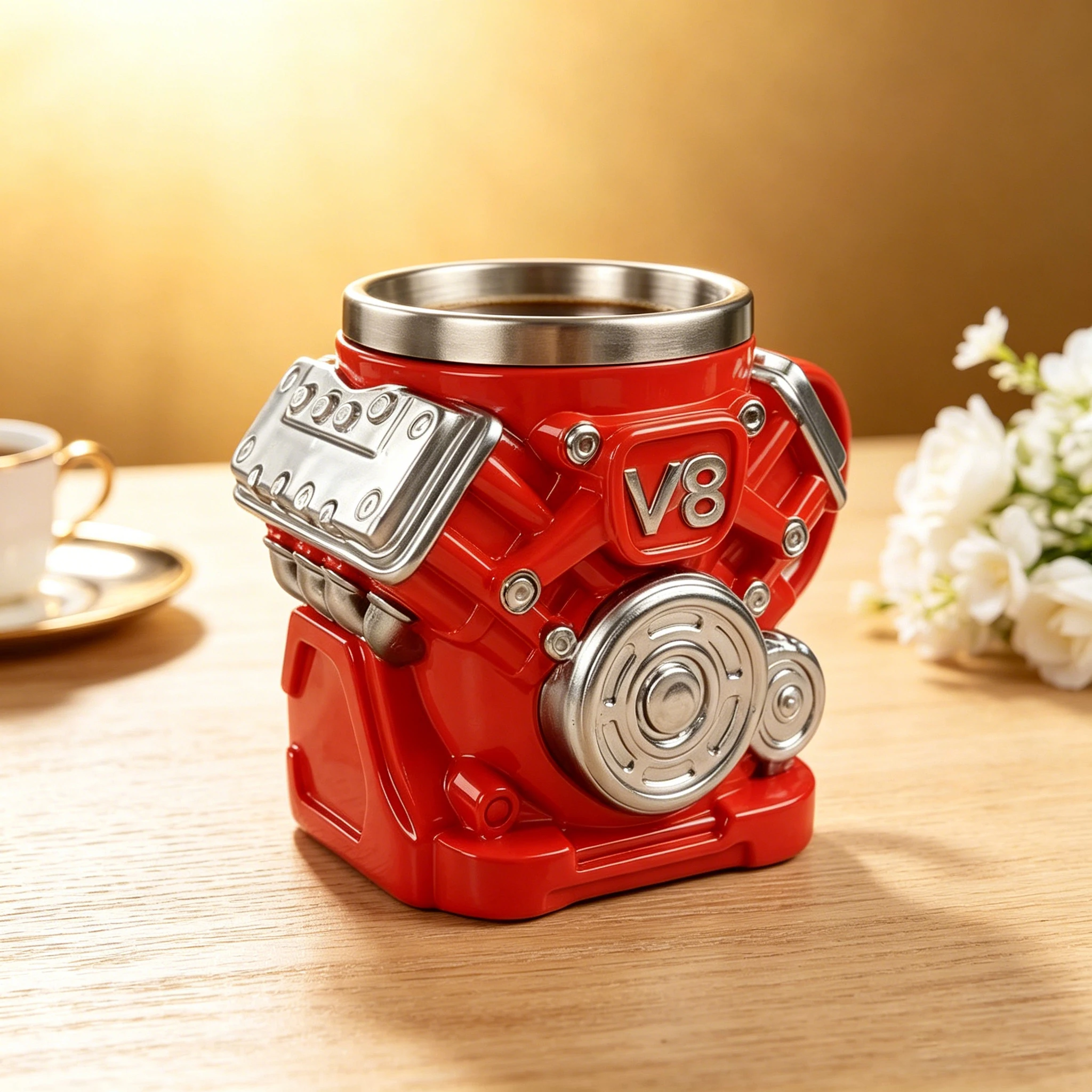 Engine coffee cup/rocket shaped coffee cup set, 304 stainless steel inner liner, durable resin shell, unique V8 car engine cylinder body and retro rocket ship design water cup, multifunctional and fun decorative desktop ornament