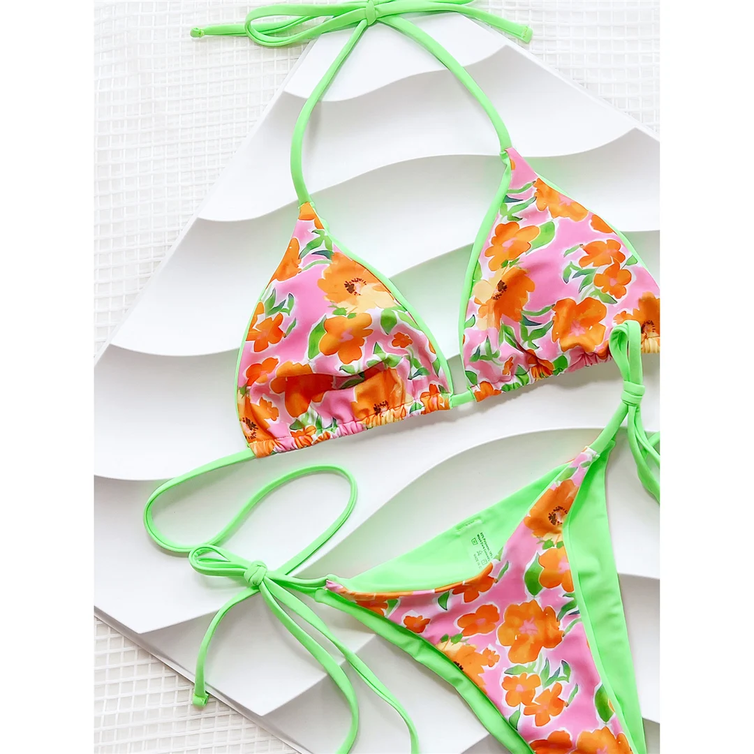 Sexy Blumenmuster, Neckholder-Bikini mit Trägern, Damen-Badeanzug, zweiteiliges Bikini-Set, Badebekleidung, Badeanzug, Modell V5428. – Detail 11