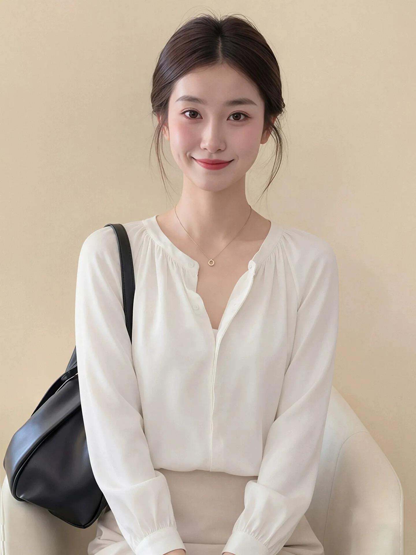 Loose Fit Long Sleeve White round Neck Shirt for Women Autumn Season French Style Casual Breathable Skin-Friendly Button up Top