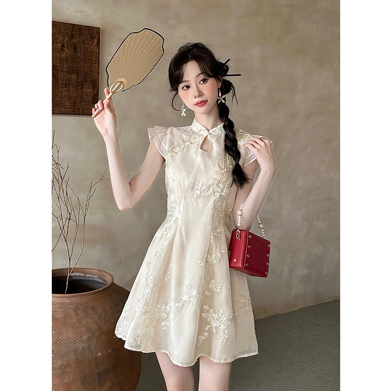 Ele الصينية Sle المطرزة Svel Dr لون نقي العمل الثقيل صيف جديد وصول المرأة Faion Dr #1