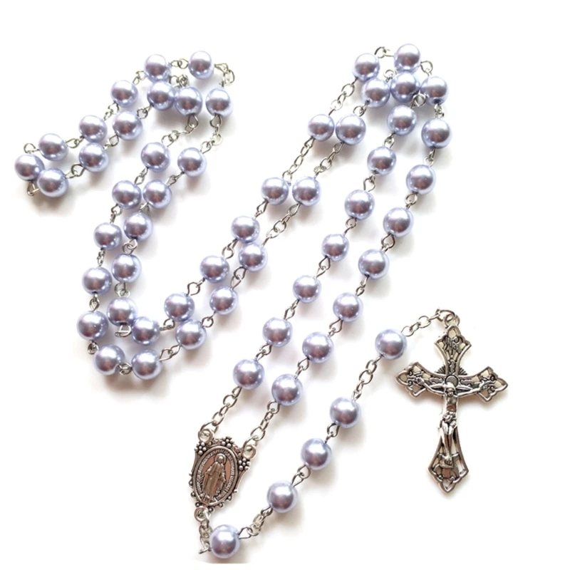 Glass Pearl Cross Rosary Necklace Holy Catholic Jewelry Charm Crafts for Christian Church Home Bedroom Decoration