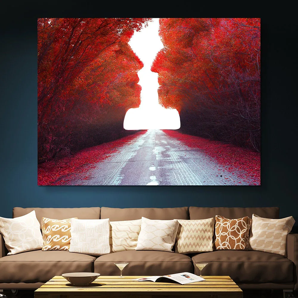 

Road to Love Landscape People Silhouette Red Leaves Paintings Wall Art Canvas Prints Romantic Posters for Living Room Home Decor