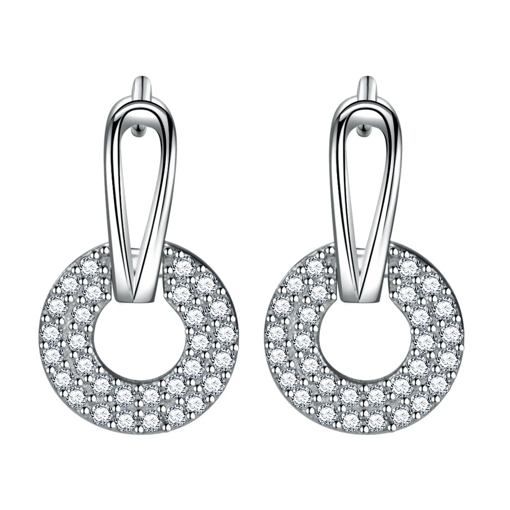 

925 Sterling Silver Earrings Geometric Round Zircons Earrings Ladies Fashion Simple Birthday Wedding Anniversary Jewelry Gift