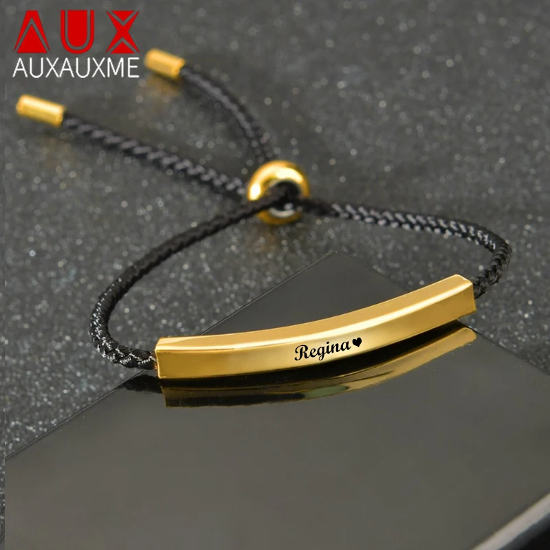 Auxauxme Custom Name Black Rope Bracelet Gold Color Stainless Steel Engrave Name Date Personlized Jewelry Women Best Friend Gift