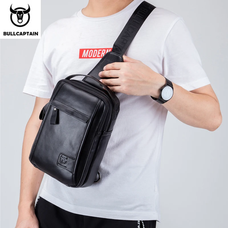 Bolso de pecho de cuero genuino para hombre, bandolera informal de negocios, BULLCAPTAIN, multifuncional, para tableta de 7,9 pulgadas