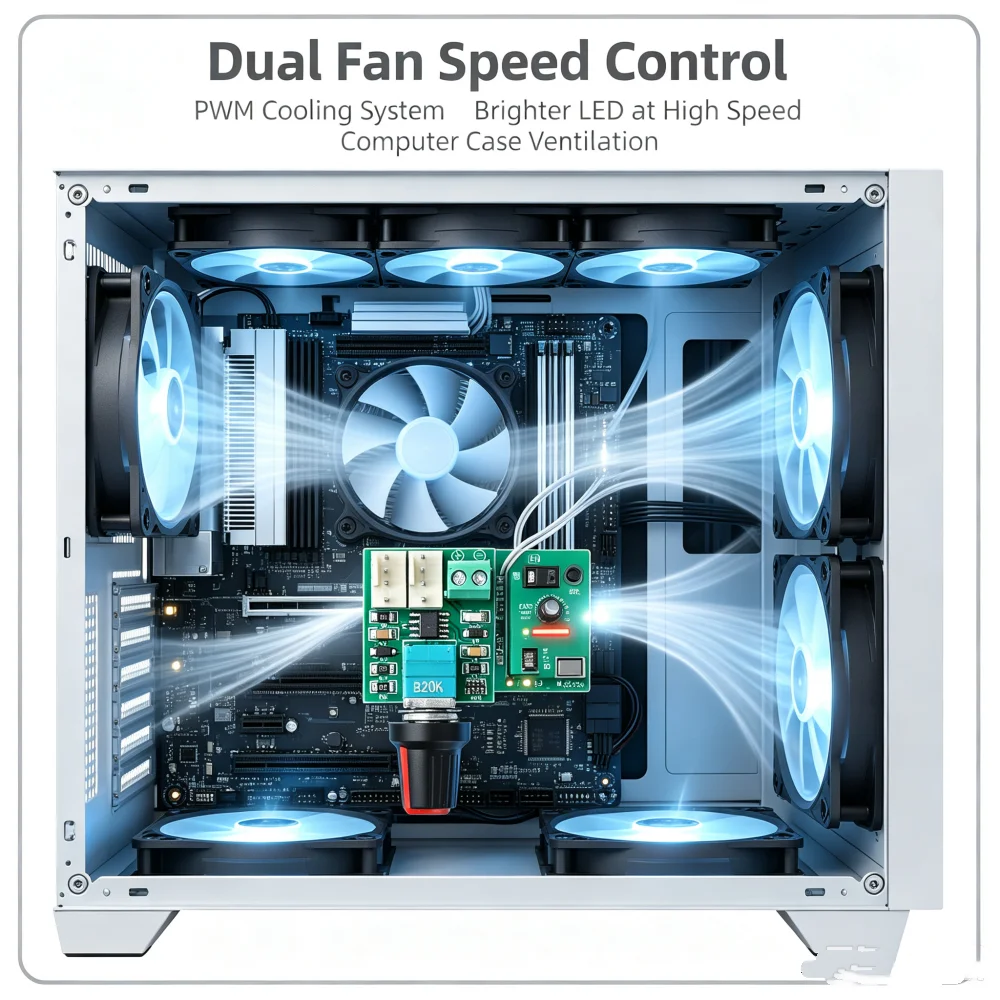 DC12V 24V PWM Motor Speed Controller Fan Speed Adjustable Switch 4-Wire Control Module Dual Path Control 2 Mortor