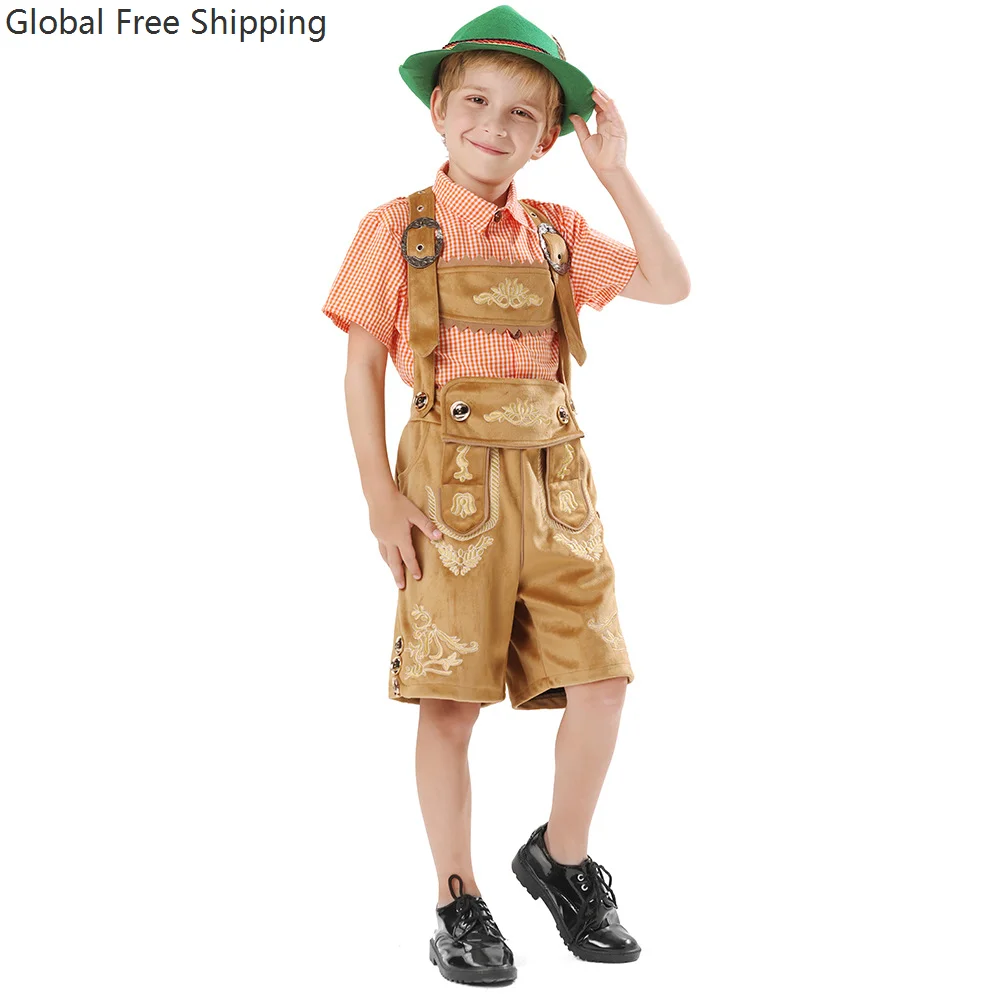 

Boys German Munich Oktoberfest Leather Pants Costume Children's Short Sleeve Plaid Shirt Set Beer Party Role Play Halloween 2025