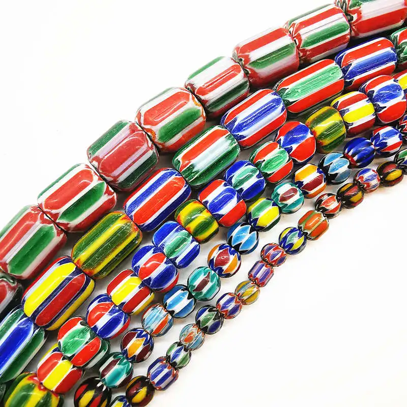 Nepal Hand Colorful Striped Lampwork Beads Strand Antiqued Trade Glass Bead TSB0199