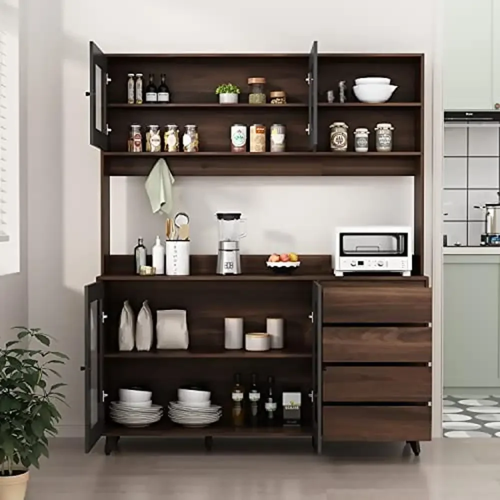 Kitchen Storage Cabinet with Glass Doors & Drawers Spacious Rustic Pantry Appliances and Tableware Durable Metal and MDF