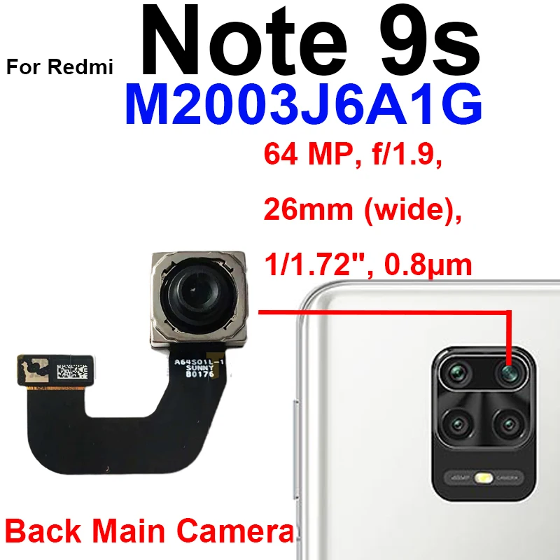 Front Back Camera For Xiaomi Redmi Note 9S M2003J6A1G Rear Front Small Selfie Facing Ultrawide Camera Flex Cable Model Parts