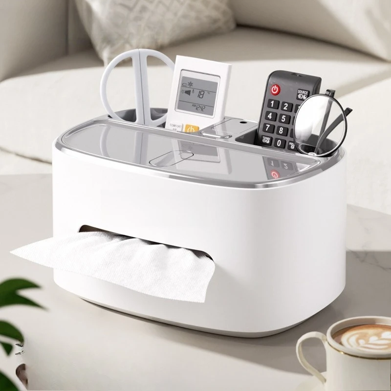 tissue box, paper drawing desktop, living room coffee table, napkin, remote control, light luxury, high-end 2026 new model