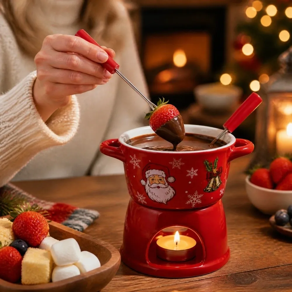 Ceramic Christmas Chocolate Fondue Cup T Shape with 2 Fork Butter Warmer Pot 300 ML Mini Tea Light Cheese Melting Pot Party